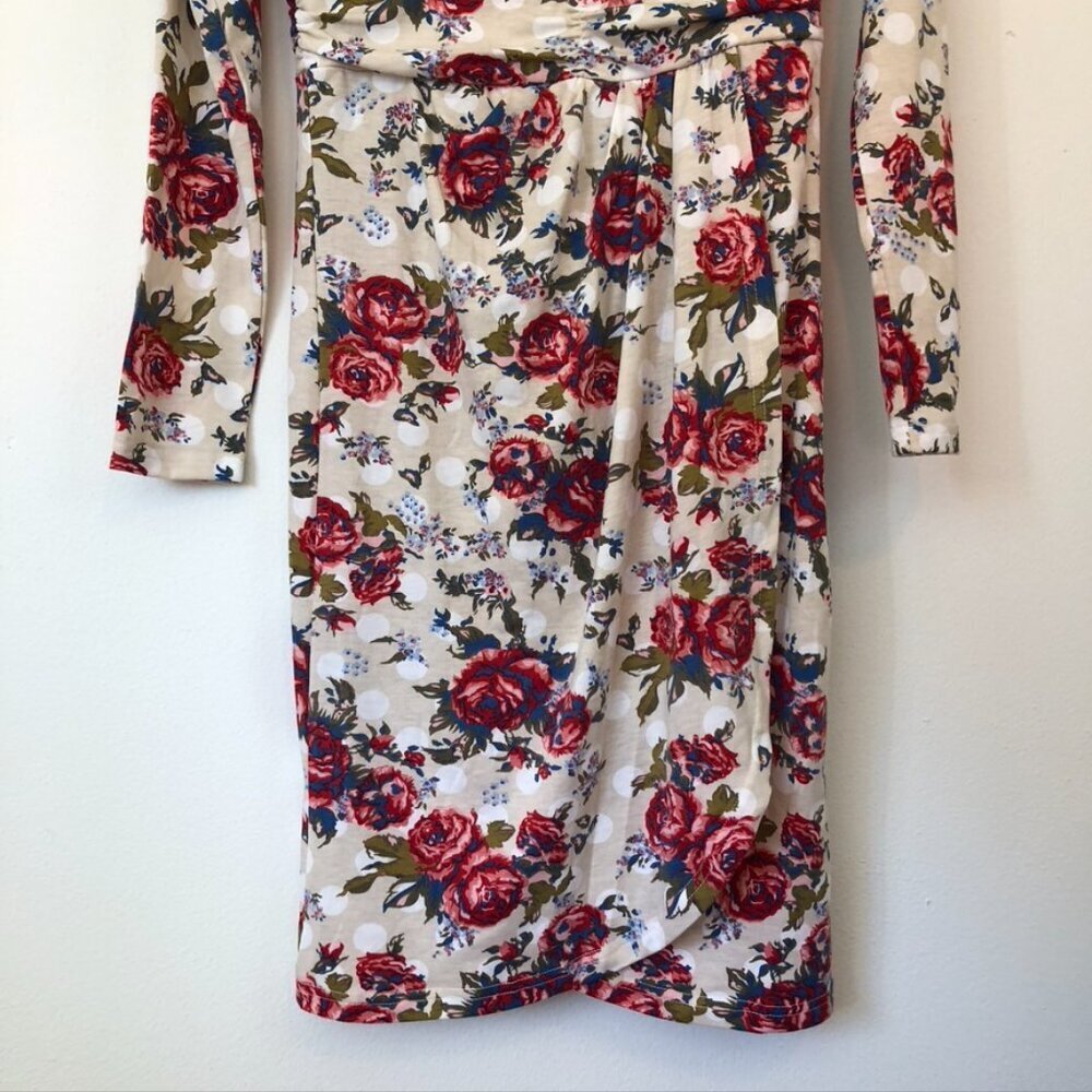 NEW NWT MEAVEOR Beige White Red Blue Floral Polka Dot Faux Wrap Dress Medium M - Picture 3 of 10